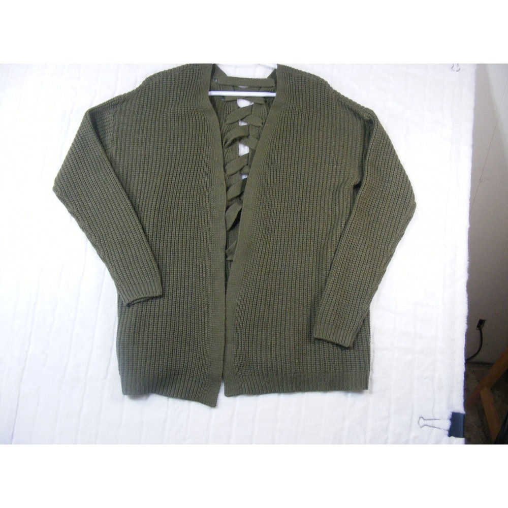 Derek Heart Plus Cardigan Womens 1X Olive Green Lattice Back Shaker Knit